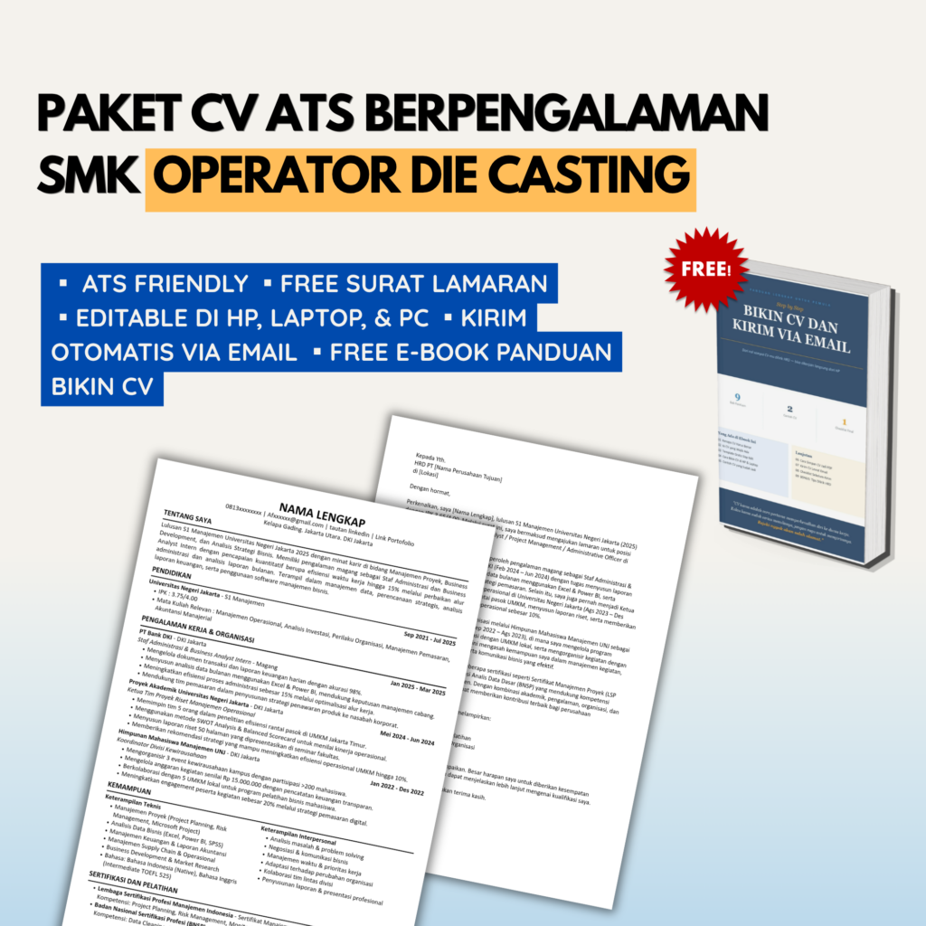Template CV + Surat Lamaran ATS SMK TEKNIK OTOMOTIF Siap Edit & Lamar OPERATOR DIE CASTING