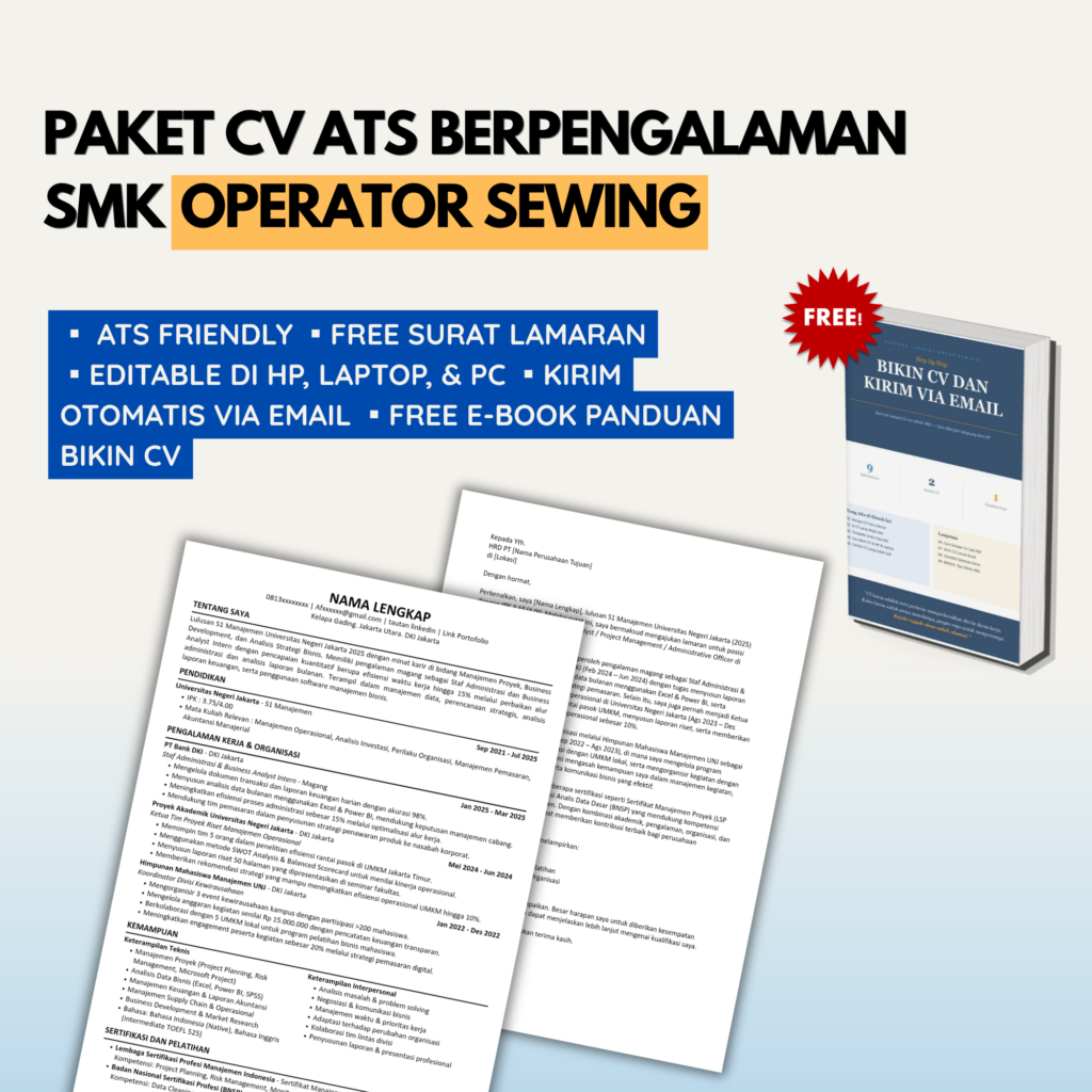 Template CV + Surat Lamaran ATS SMK TATA BUSANA siap edit & lamar OPERATOR SEWING