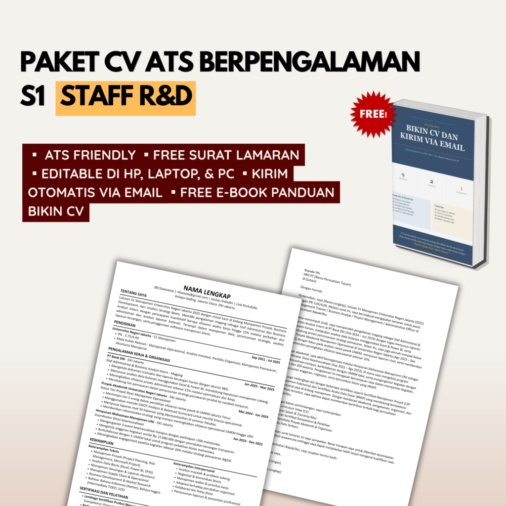 Template CV ATS pengalaman R&D STAFF lulusan S1 + Bonus Surat Lamaran
