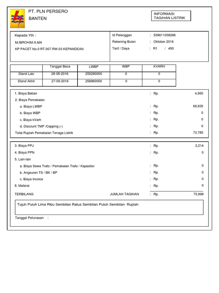 Contoh Tagihan PLN
