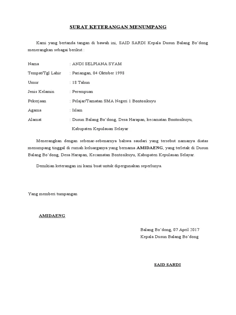 Contoh Surat Menumpang