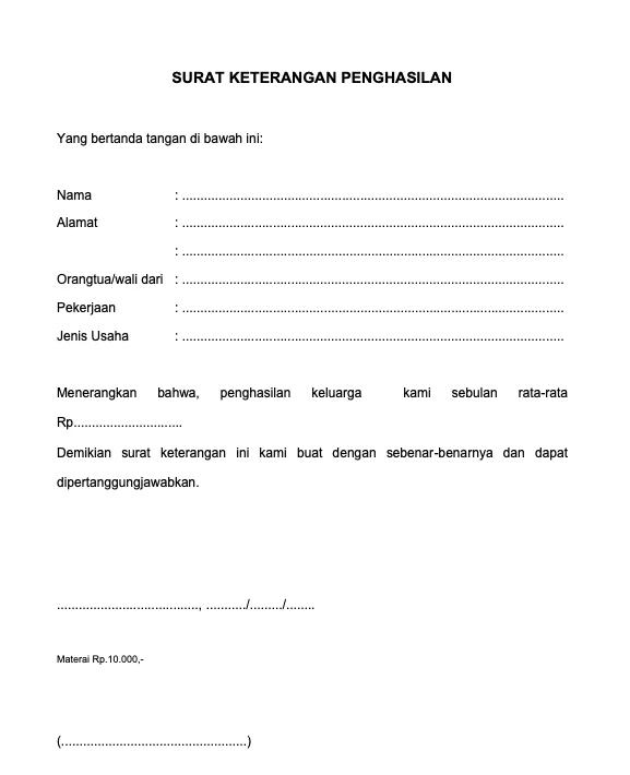 Contoh Surat Keterangan Penghasilan